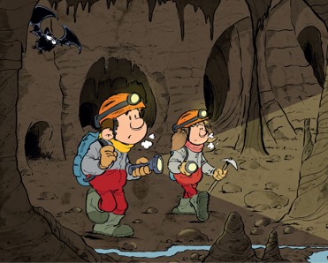 Εικόνα cartoon με δύο χαρακτήρες να περιπλανώνται μέσα σε μία σπηλια